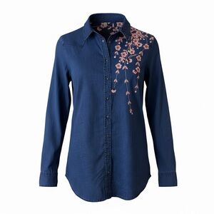 Guess Blue  Button Down Shirt with Pink Floral Embroidery Size M Boho Western